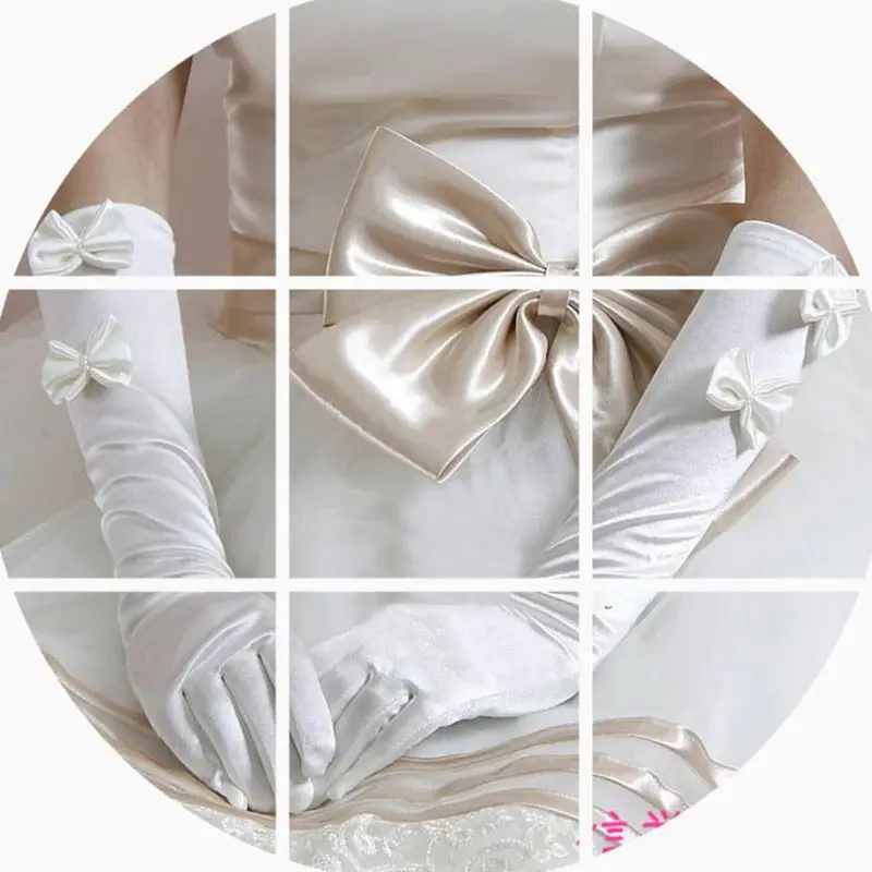 ZB91 1 คู่ผู้หญิงเจ้าสาวสีขาวงานแต่งงานถุงมือยาว Double Bowknot Faux Pearl Decor