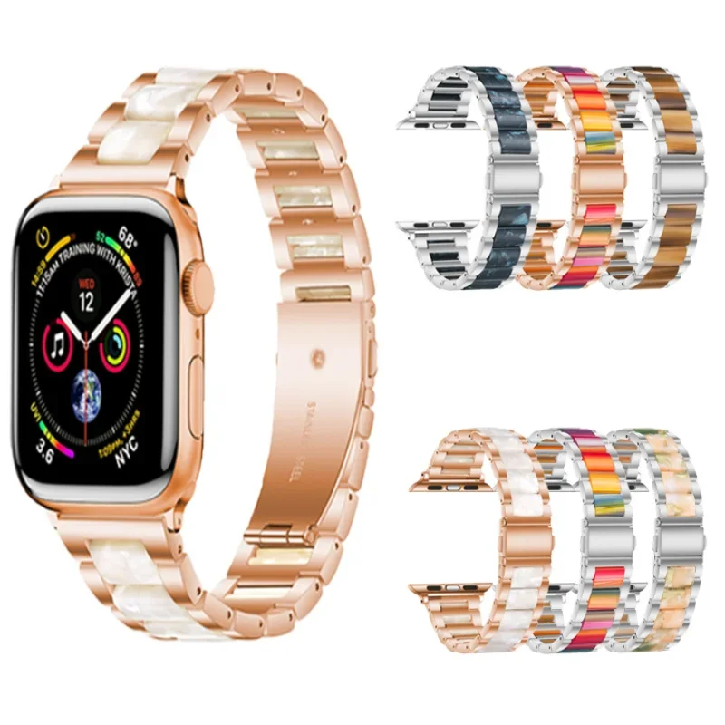 Stainless Steel Woman Watch Bands For Apple Watch Series 7 6 SE 5  Resin Strap 42 40 44 41 45mm Bracelet Loop For iwatch Wrist