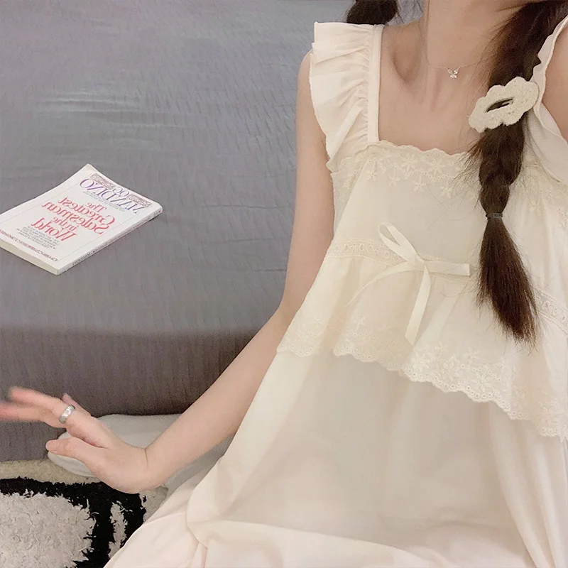 Ruffles Nightgowns ผู้หญิงฤดูร้อนหลวมหวานที่แพร่หลายนุ่ม Loungewear ประณีต Elegant เกาหลีสไตล์ Chic ทุกวัน