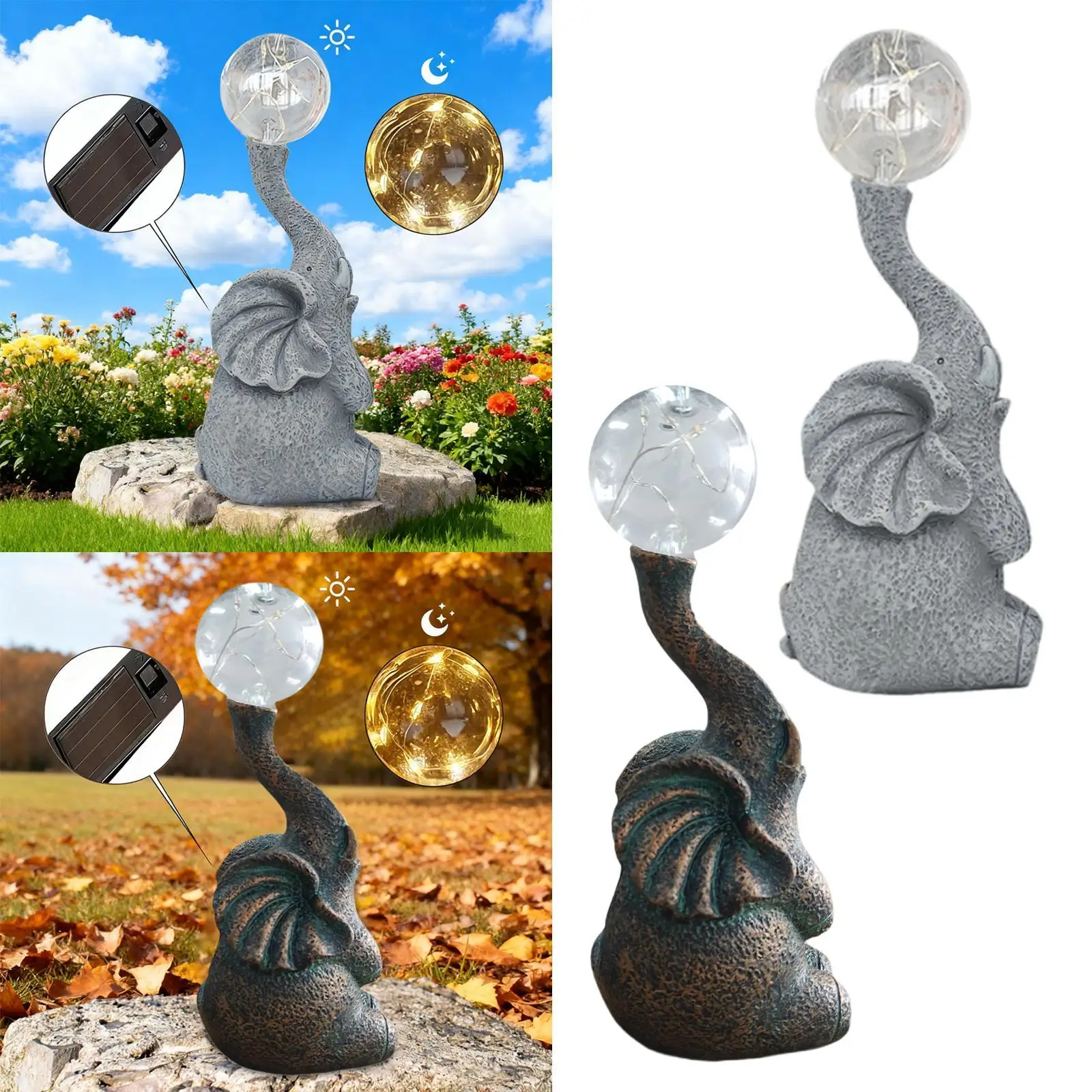 

Garden Statue with Solar Light Resin Crafts Decorative Elephant Figurine Yard Art Sculpture Outside Decoration for Patio Lawn