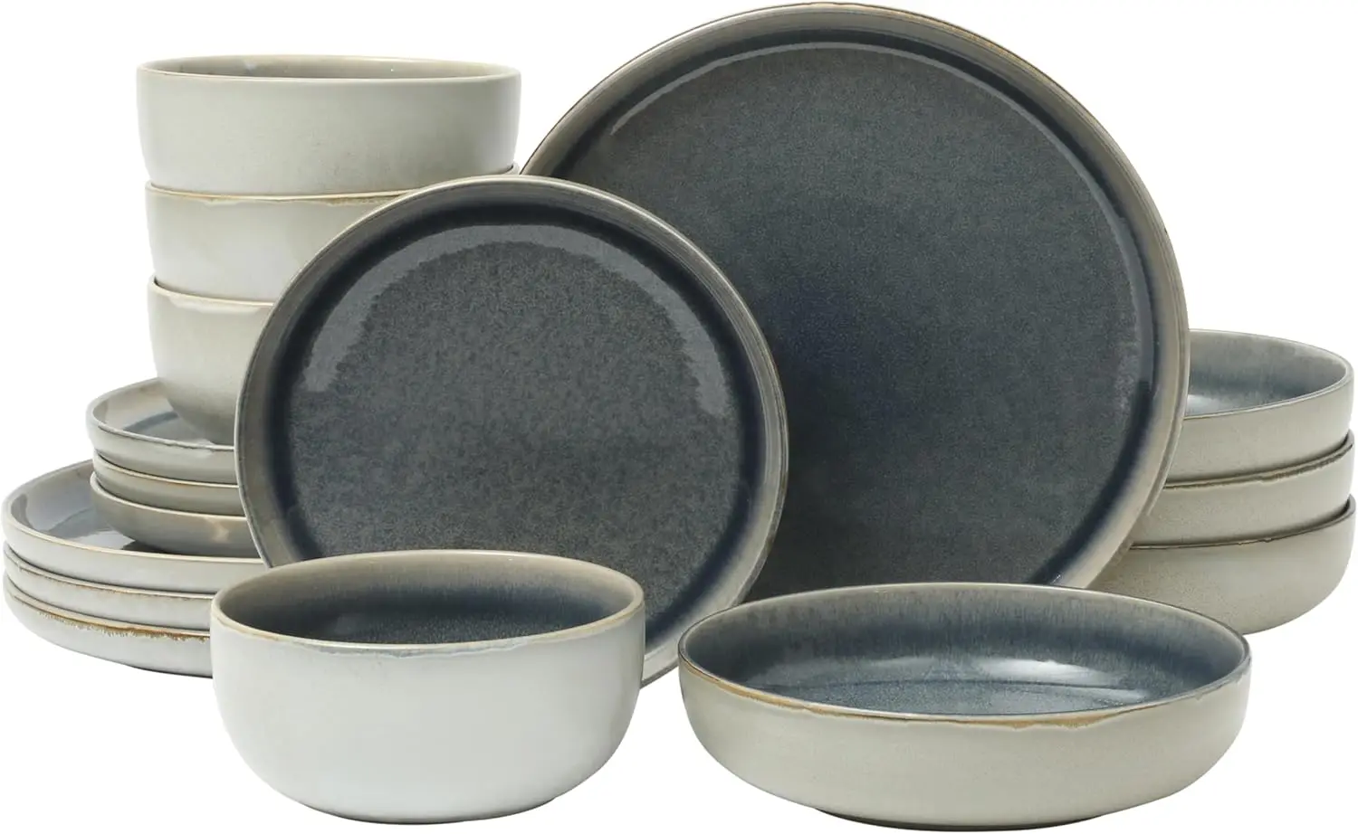 

Sunveil 16 Piece (Service for 4) Plates and Bowls Reactive Glaze Round Dishes Stoneware Ceramic Dinnerware Set -Blue