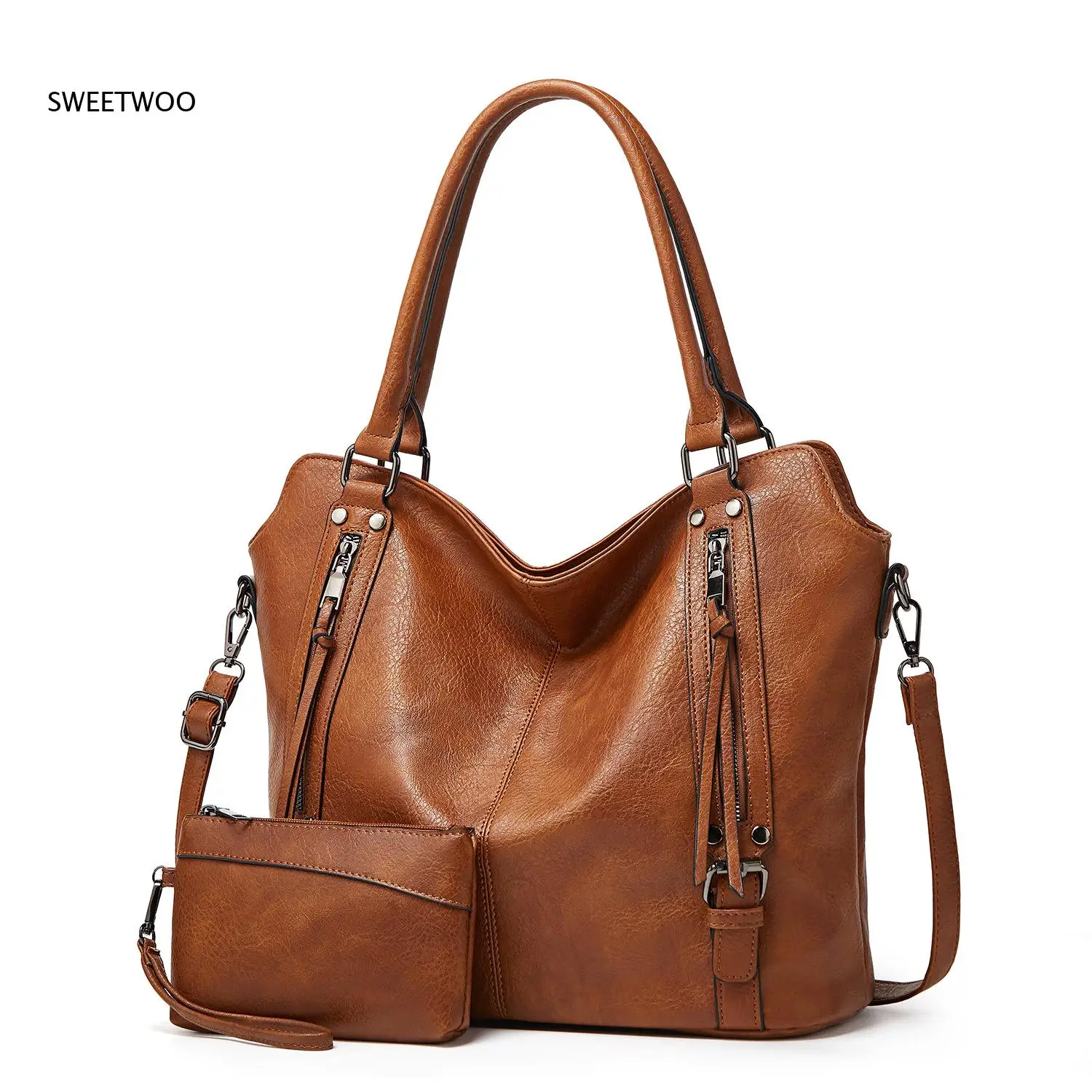 

2026 Vintage Oil Wax Pu Tote Bag Matching Small Coin Pouch Large Capacity Daily Commute Travel Shoulder Purse