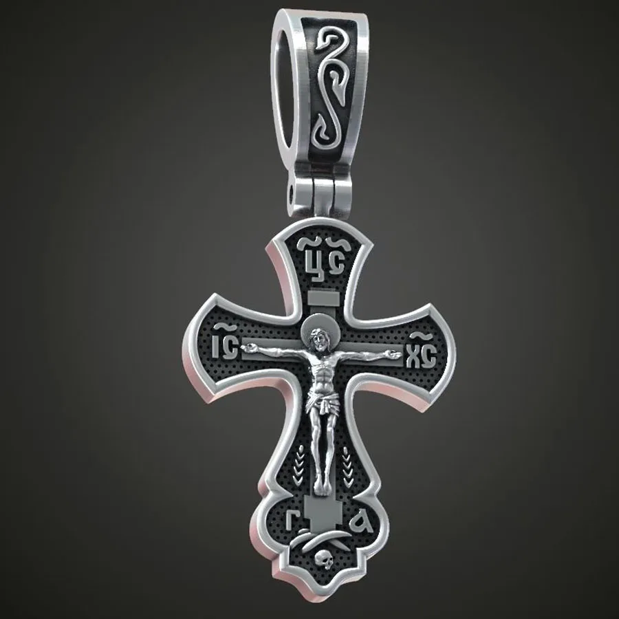 3 g slawischer Heilkreuz-Anhänger verfügt über ein achtpunktiges orthodoxes Kreuz mit dem Kreuzigung. Maßgeschneidertes 925er massives Sterlingsilber