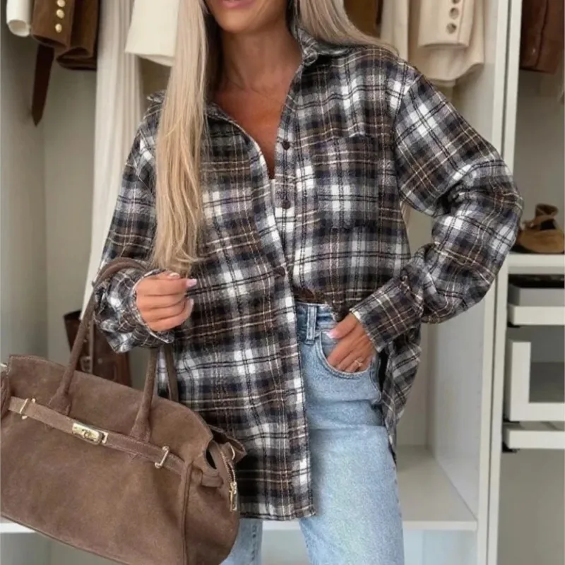 

Retro Plaid Printed Casual Long Shirts & Blouses Korean Style Clothes 2025 Autumn Loose Long Sleeve Lapel Shirt For Woman Blusa