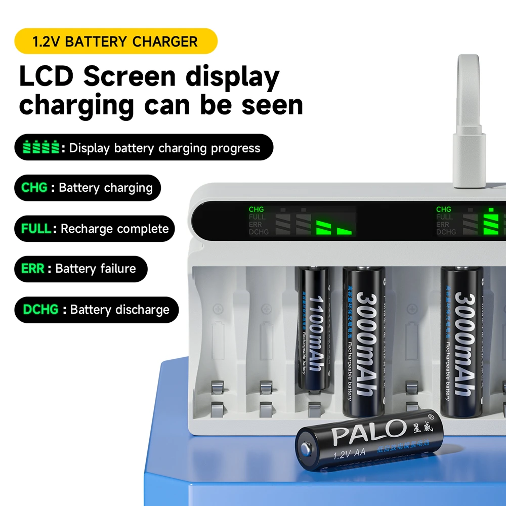 PALO 1.2V NI-MH AA Rechargeable battery 3000mAh AA NIMH 2A Batteries+ 12 Slots LCD charger for 1.2V AA AAA Battery