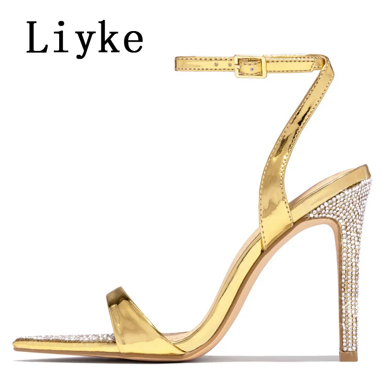 Liyke Fashion Glitter dżetów damskie buty na wysokim obcasie seksowne sandały letnie kryształowe szpiczasty nosek wesele striptizerka buty damskie