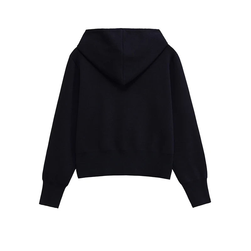 YENKYE New Women Navy Blue Knit Hooded Cardigan Front Zipper Long Sleeve Casual Autumn Outerwear