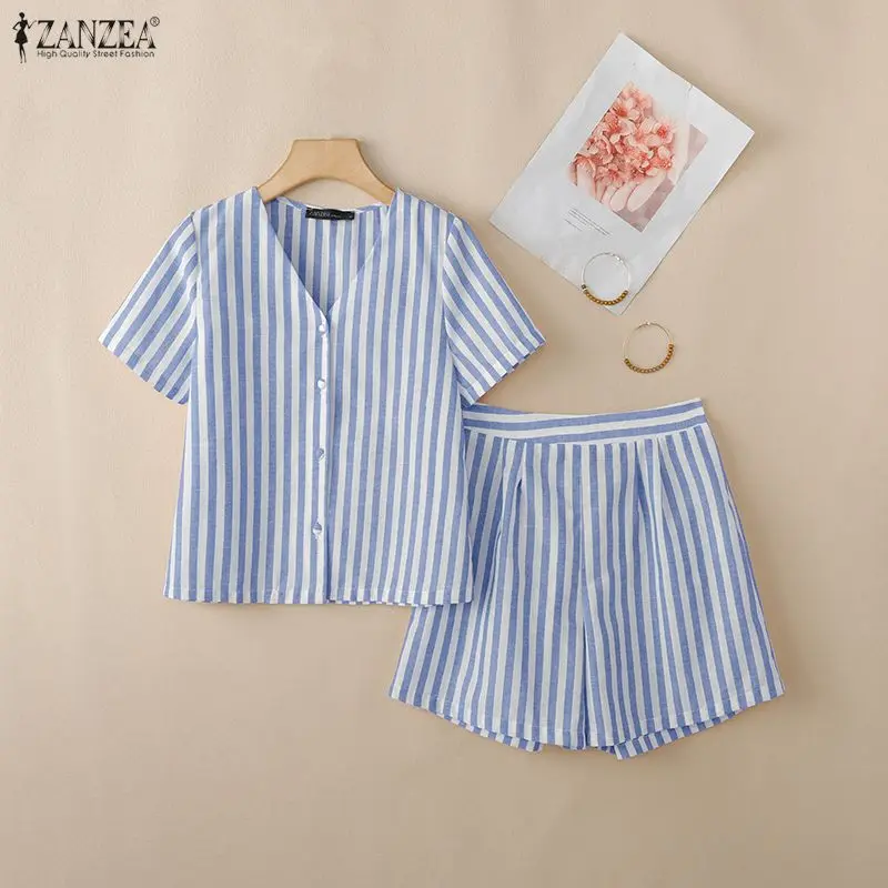

ZANZEA Summer Elegant V Neck Short Sleeve Blouse Shorts Suit Women Outfit 2 Piece Sets Tracksuit Striped Holiday Short Sets 2026
