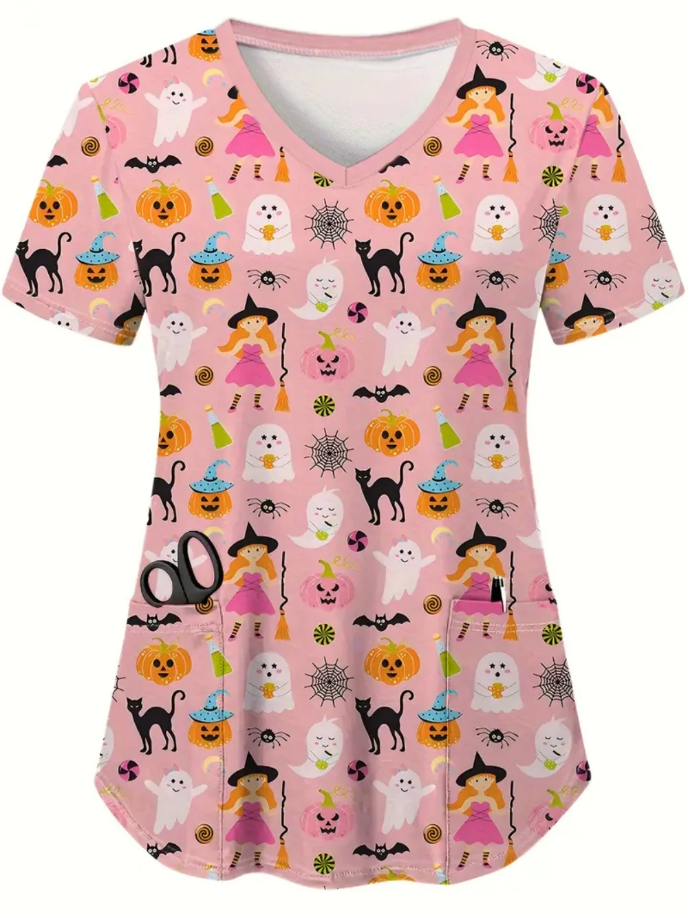 Uniformes médicaux de la série Halloween 2025 pour femmes, hauts à poches à col en v, confortable, dentiste, vétérinaire, manches courtes, uniforme de santé pour femmes