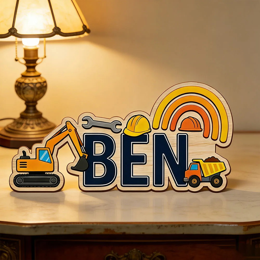 Builder Themed Personalized Name Sign, Neutral 3D Wooden Nursery Decor with Excavator, Dump Truck & Rainbow, Custom Kids Room Do