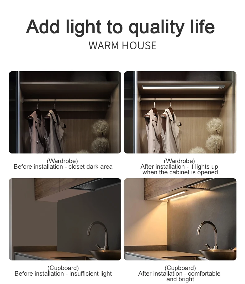 LED Night Light 20/30/40/50CM Motion Sensor Wireless USB Cabinet Night Light Wardrobe Lamp For Kitchen Cabinet Bedroom Wardrobe
