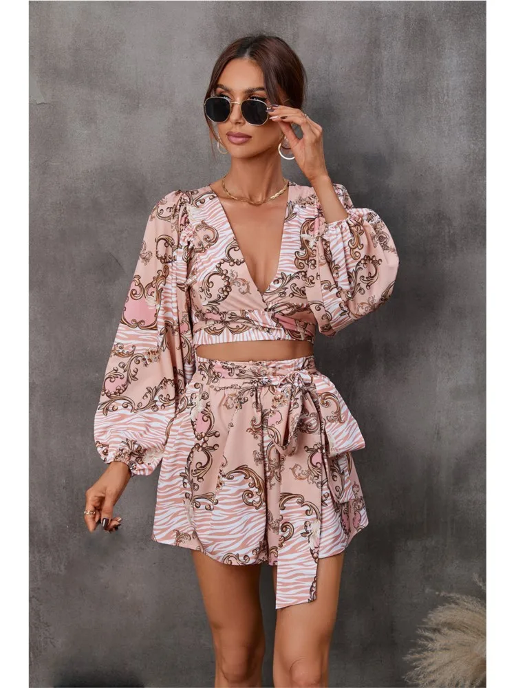 Women's Summer Deep V Neck Bell Sleeves Flower Print Long Sleeves Lace Up Mid Waist Shorts Jumpsuit Women