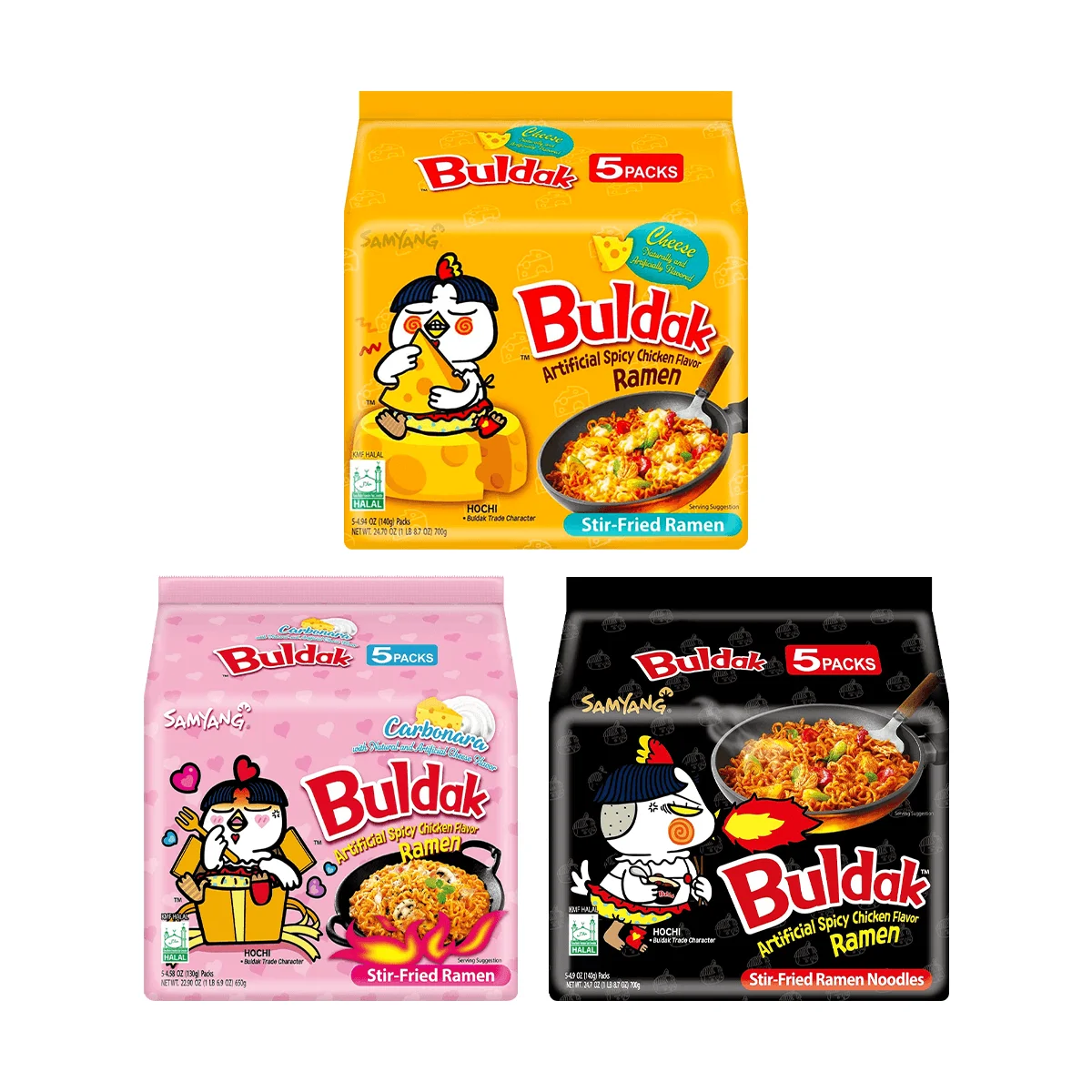 [2Sets 30Pieces]Korean Buldak Noodles Stir-Fried Ramen - Habanero Lime, Carbonara, Cheese Flavor, 72.25oz*2Sets, 30Pieces