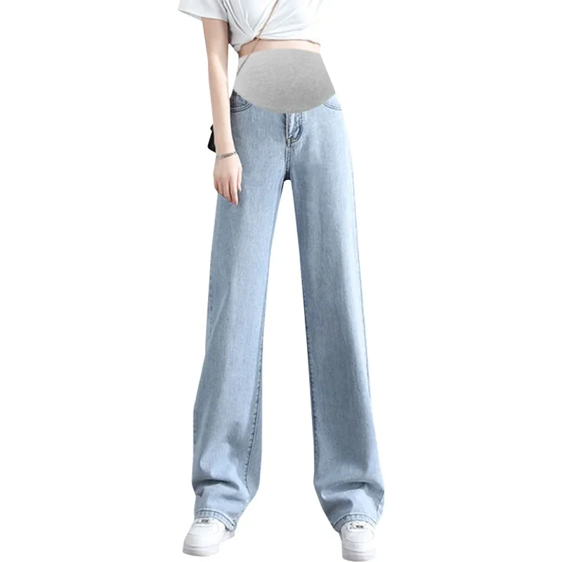 Wide Leg Denim Maternity Long Jeans Spring Autumn High Waist Support Belly Pants for Pregnant Women Retro Casual Baggy Pregnancy