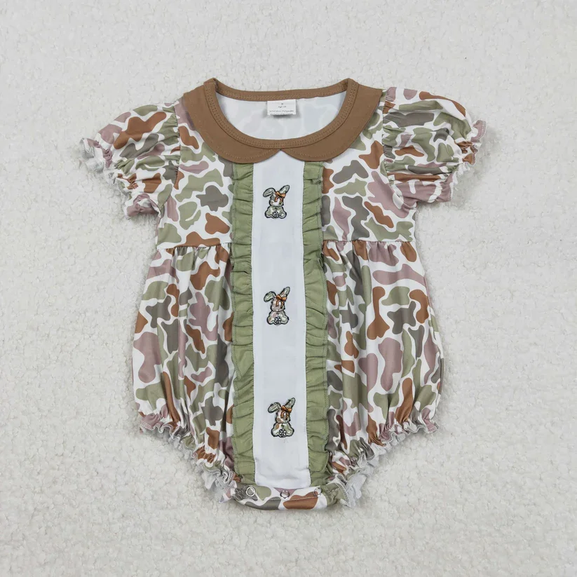 

RTS Bunny Embroidery Camo Print Baby Girls Easter Ruffles Romper