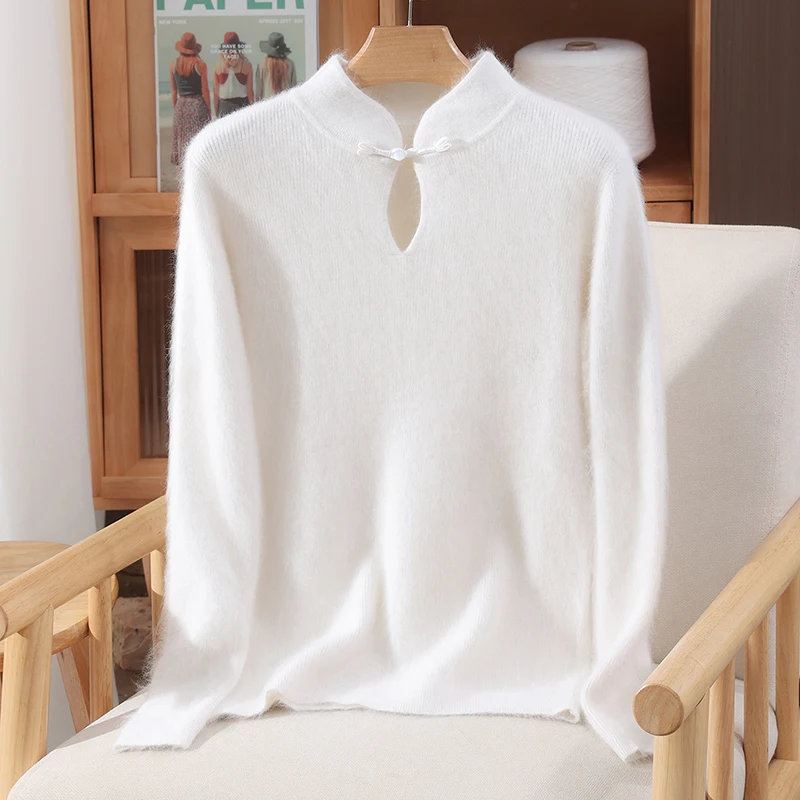Women's 100% Mink Cashmere Mandarin Collar Pullover Sweater Frog Button Keyhole Neck Solid Plain Graceful Understated Knit Top