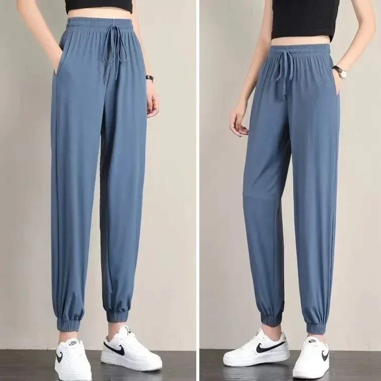 Large Size Ice Silk Wide Leg Bloomers Pants Women's Summer Thin Drape Loose Straight Casual Pants Student Sports Cool Sweatpants