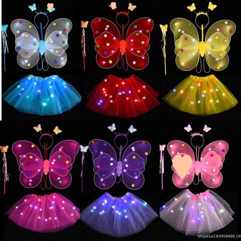 Luminous Butterfly Fairy Wings Flashing Butterfly Skirt Suit Girls Birthday Party LED Costume Props Princess Angel Cosplay Dress