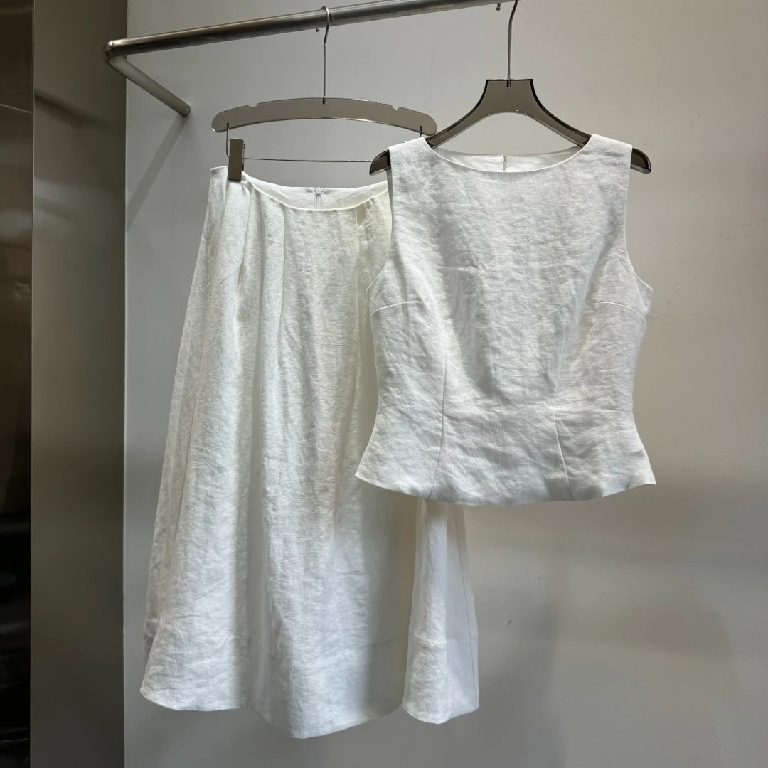 Summer High-end Linen Sleeveless Top A-line Umbrella Skirt Suit for Women