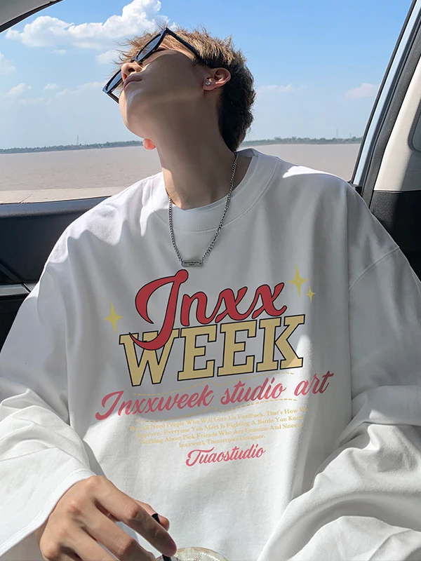 

Мужская белая футболка большого размера с длинным рукавом, круглым вырезом, из чистого хлопка, базовая модель, осенняя новинка, стильный дизайн, плотная ткань...