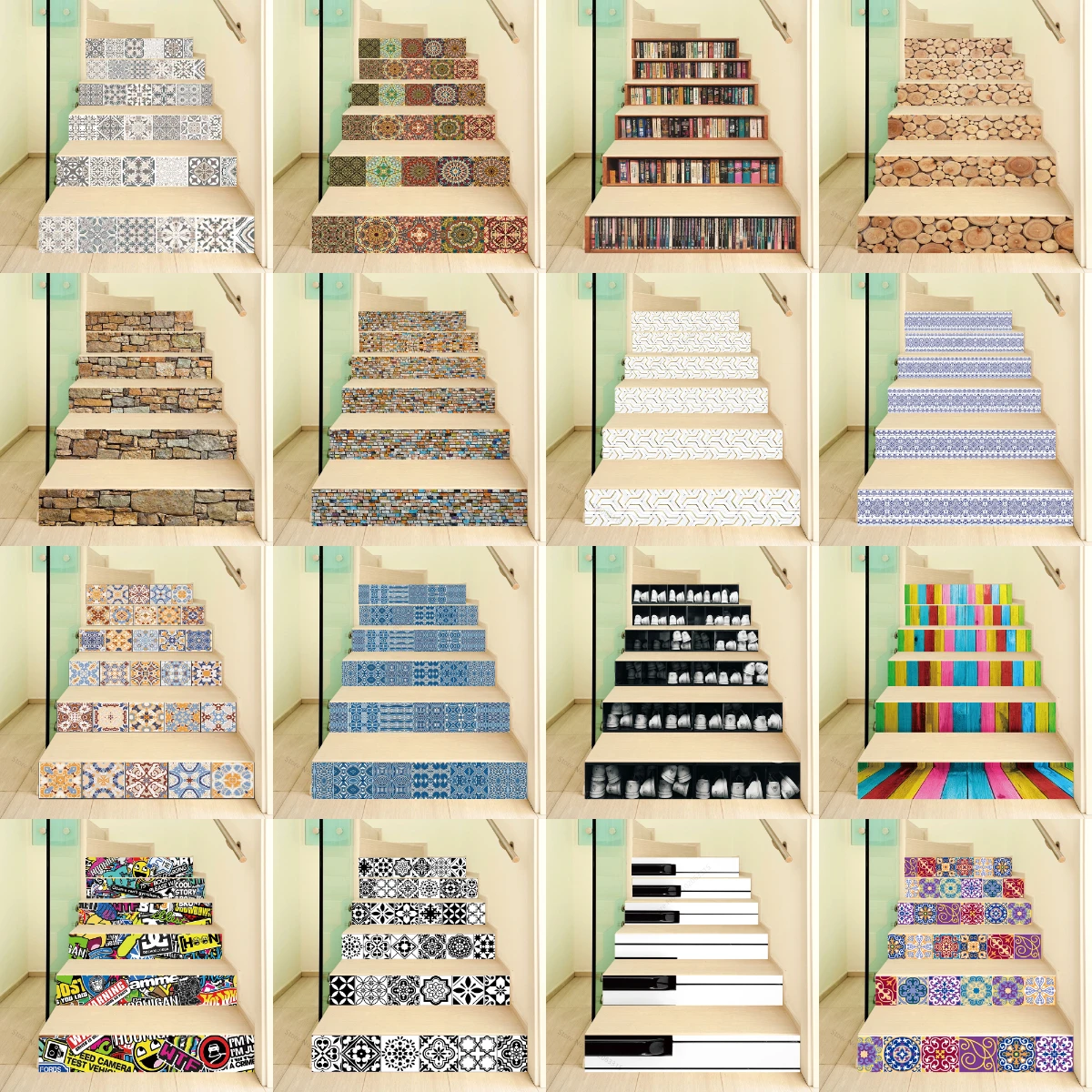 6/13PCS Geometric Moroccan Flowers Stair Stickers Waterproof Vinyl PVC Bookcase Stone Wood Grain Stairway Mural Wallpaper Decor