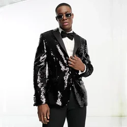 Shiny Men Suit Sets 2 Pieces Blazer Pants Custom Fashion Black Sequin Outfits Wedding Party Groomsman Elegant Costumes