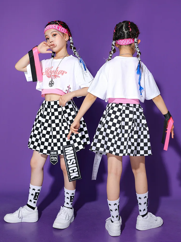 Abbigliamento Hip Hop Kpop per bambini T-shirt corta bianca Canotta rosa Minigonna a quadretti da strada per ragazza Abbigliamento da ballo jazz Costumi