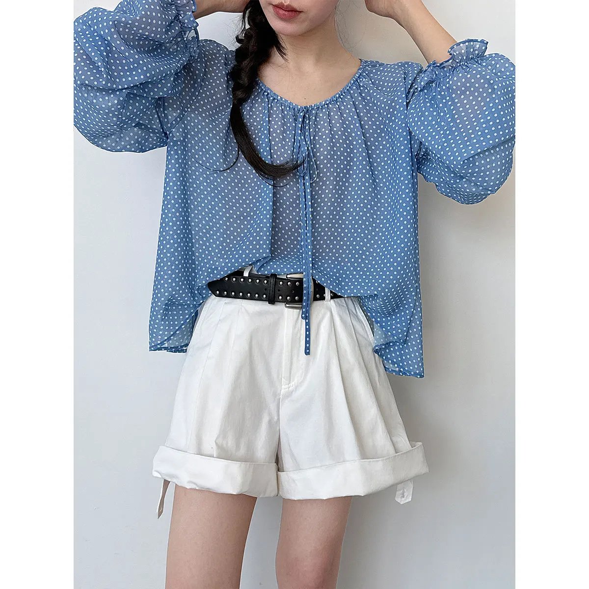 

Off-shoulder Polka Dot Tie Thin Chiffon For Women 26 Summer Semi-transparent Design Shirt