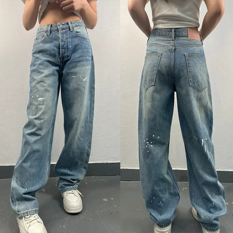 2024 new Women's denim pants old ink-splashed paint decoration purple jeans fashion wide pants