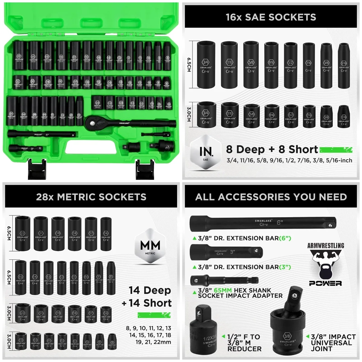 

Набор ударных головок привода 3/8 дюйма, 50 предметов SAE и метрическая, 6-точечный, Cr-V, в комплект входит трещотка, удлинитель, универсальный шарнир