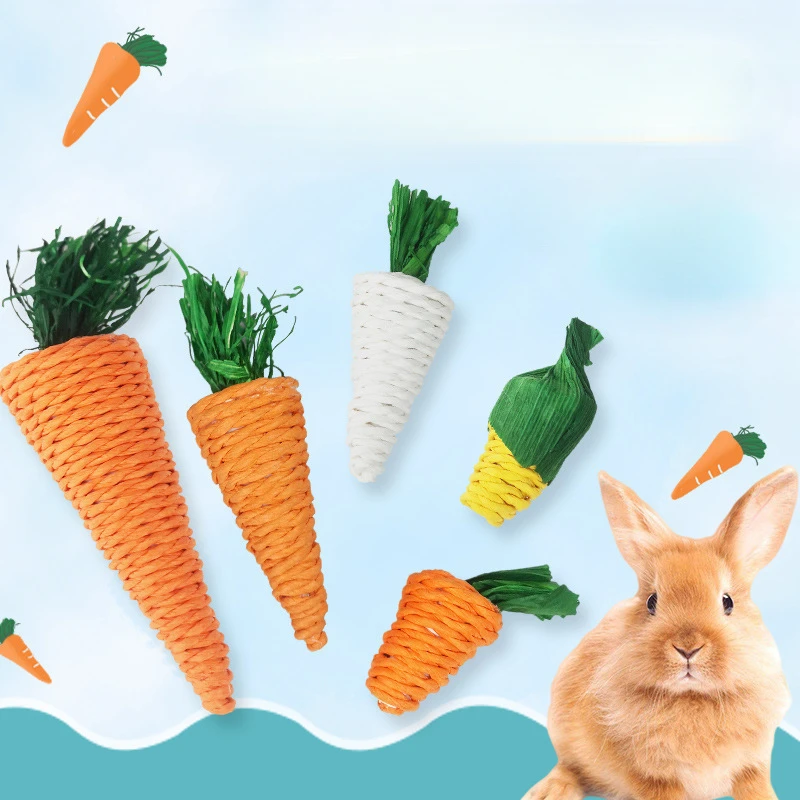 Radish Valley Pet Relieving Stuffy Molar Toy Straw Knitted Radish Guinea Pig Totoro Rabbit Hand-Woven Carrot Toy