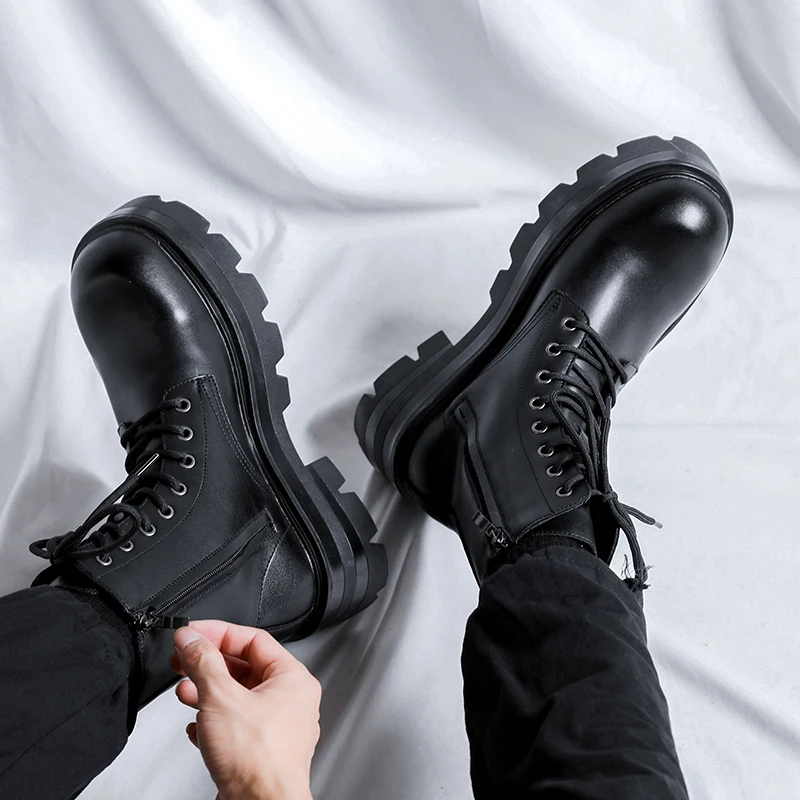 Fashion Men Short Boot Platform Winter New Leather Classic Black British Style Genuine Leather Thick Sole Lace Up Mid Top Boots