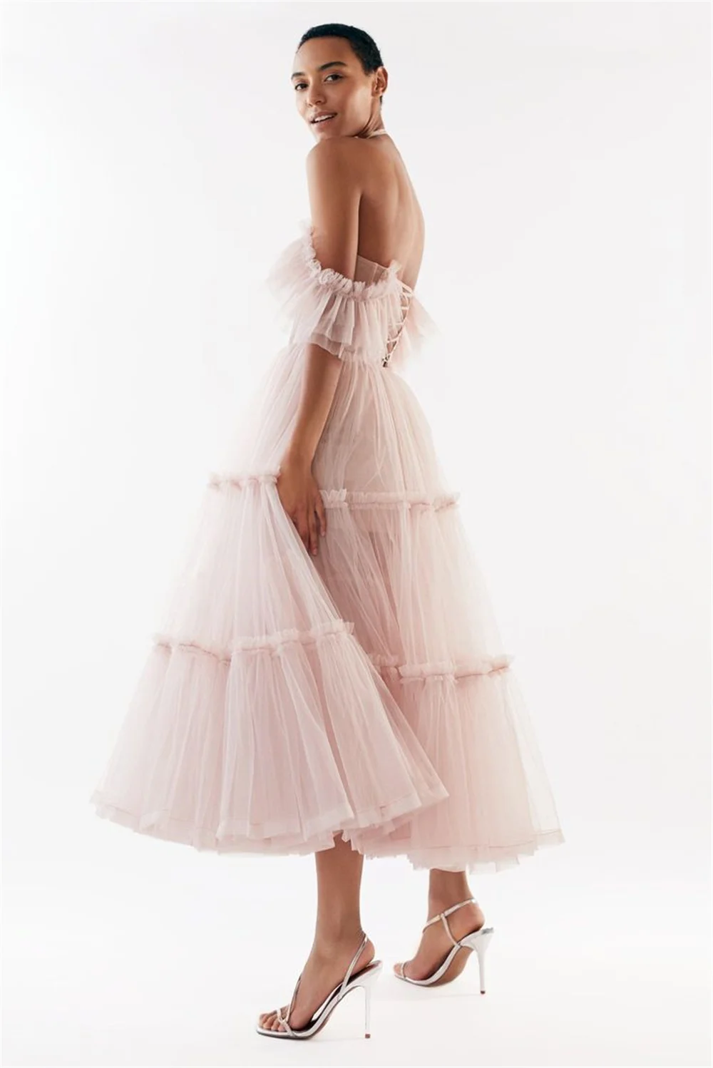 Amanda Sexy Off Shoulder Knee Lenght Prom Dress 2023 Light Pink Tulle فساتين مناسبة رسمية  Sweet Short Sleeve Vestidos De Noche