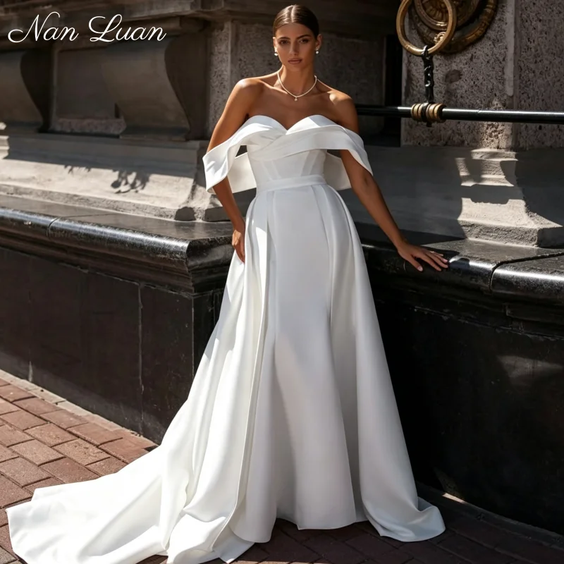 Elegant Satin Wedding Dress Off Shoulder Fold V Neck Voluminous A Line Or Slim Mermaid Skirt Vestidos de Novia Customized