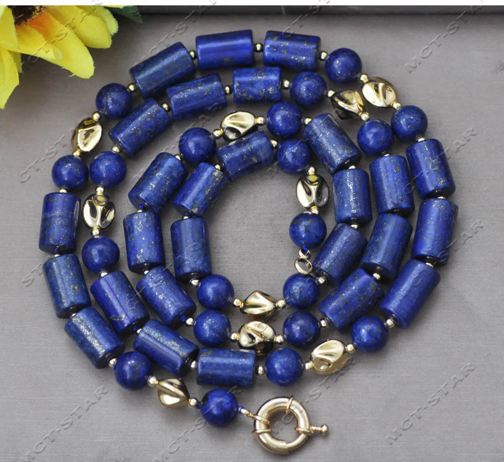 

Z13380 34'' 15mm Blue Cylindrical Round Lapis-Lazuli Gold-Plated Block Necklace Custom Jewelry