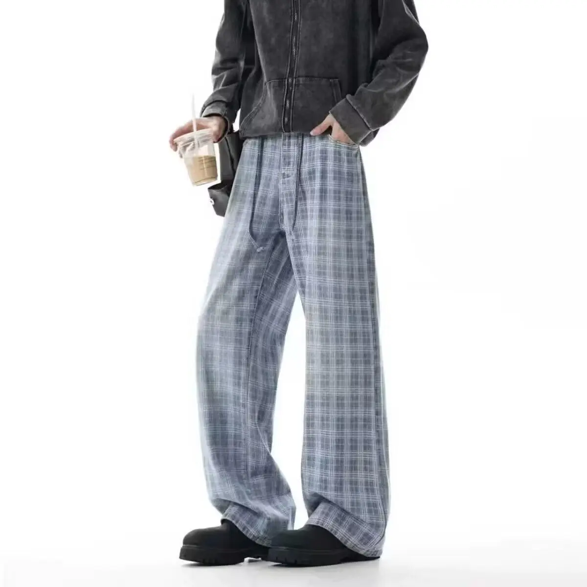 

Мужские повседневные брюки в клетку, весенне-осенние, свободного прямого кроя, в американском ретро-стиле, для подростков, свободные, на каждый день, из полиэстера