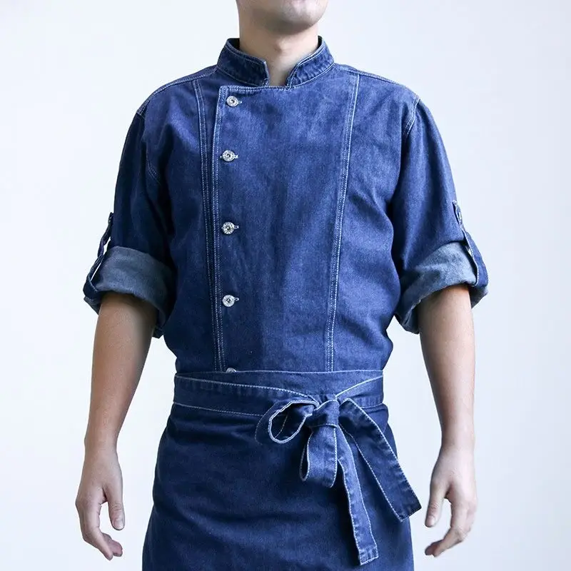 Vêtements de travail en denim à manches longues pour hommes, mode de chef de restaurant occidental, bouton d'hôtel attribuable à Chamonix, été