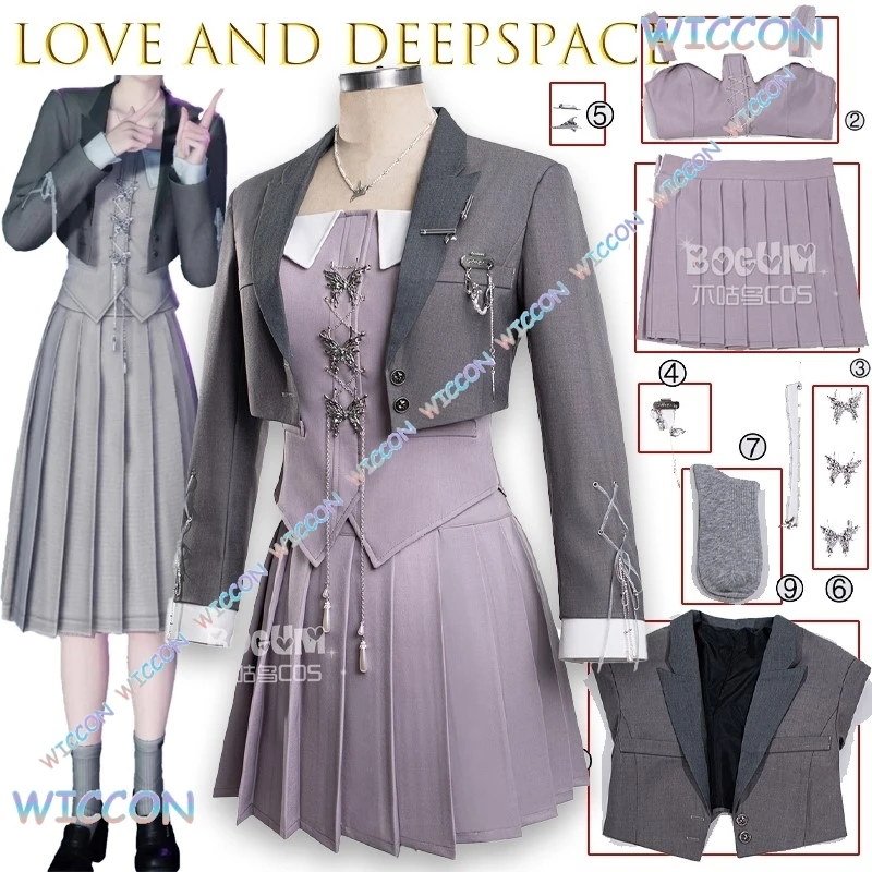 

Anime Halloween Wona/Love And Deepspace Cosplay Costume Whispers Of The Heart Main Control Daily Dress Game Y2k Gray Pleated Set