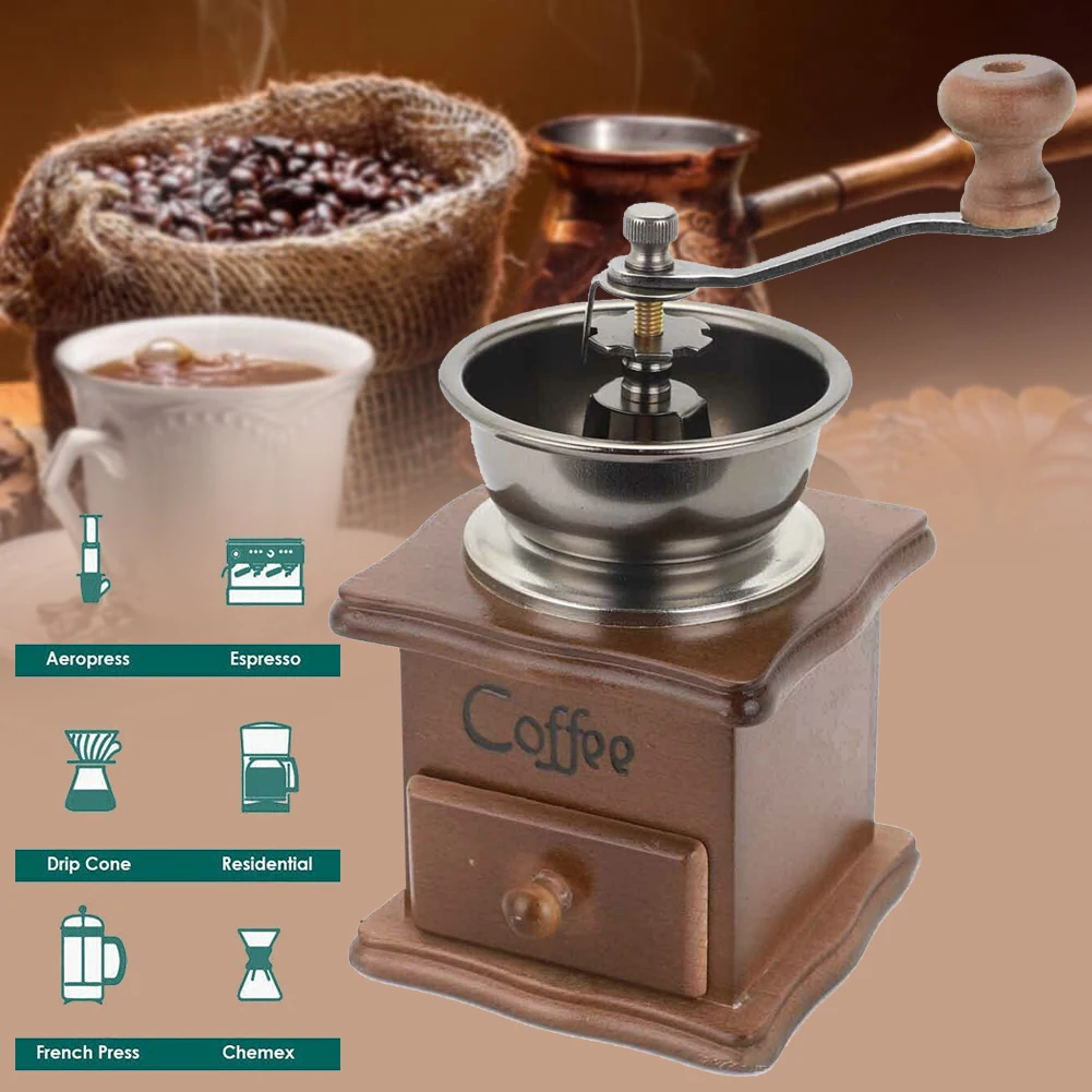 Macinacaffè antico da usare a mano, ideale per la casa e per i viaggi, con grana regolabile, macinacaffè in legno dal design retrò, perfetto per l’espresso, il metodo «pour over» e la French press.