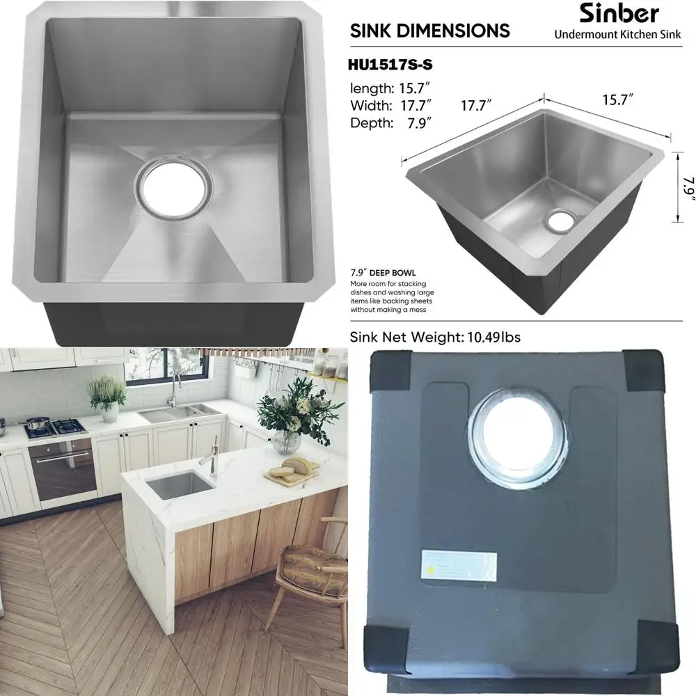 

16 x 18 x 8 Undermount Single Bowl Kitchen Sink, 18 Gauge 304 Stainless Steel Satin Finish
