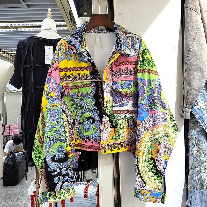 2024 Spring and Autumn New Female Korean Version Of Long-sleeved Printed Short Denim Coat Women Retro Graffiti Color Jacket Tide