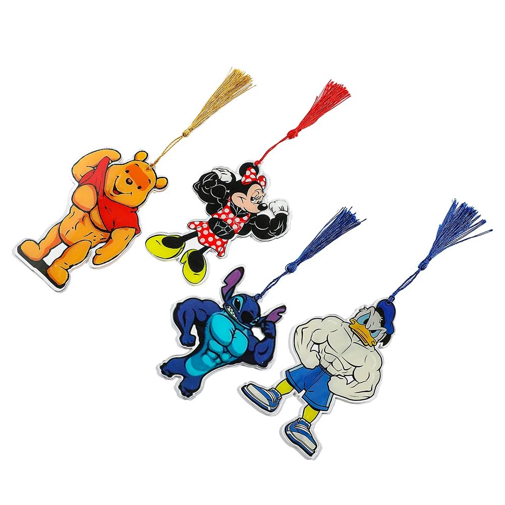 Funny Muscle Fitness Disney Minnie Stitch Bookmarks for Women Men Teens Acrylic Donald Duck Pooh Bear Book Mark with Tassel Gift