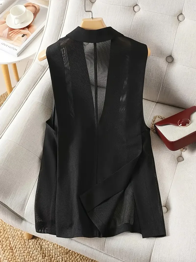 Mesh Suit Waistcoat Summer Thin Elegant Women\'s Slim Black Waistcoat Jacket Fashion Slit Lapel Casual Retro Simple Chic