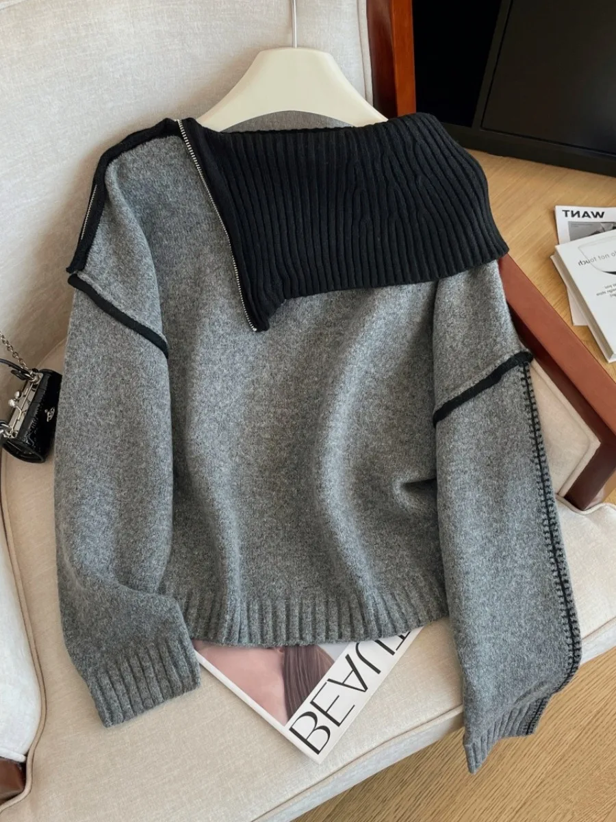 

Retro Korean Sle Zipper Color Blo Knitwear Women's Spring Autumn Loose Slimming Versatile Sweater Long Sve Crew Ne