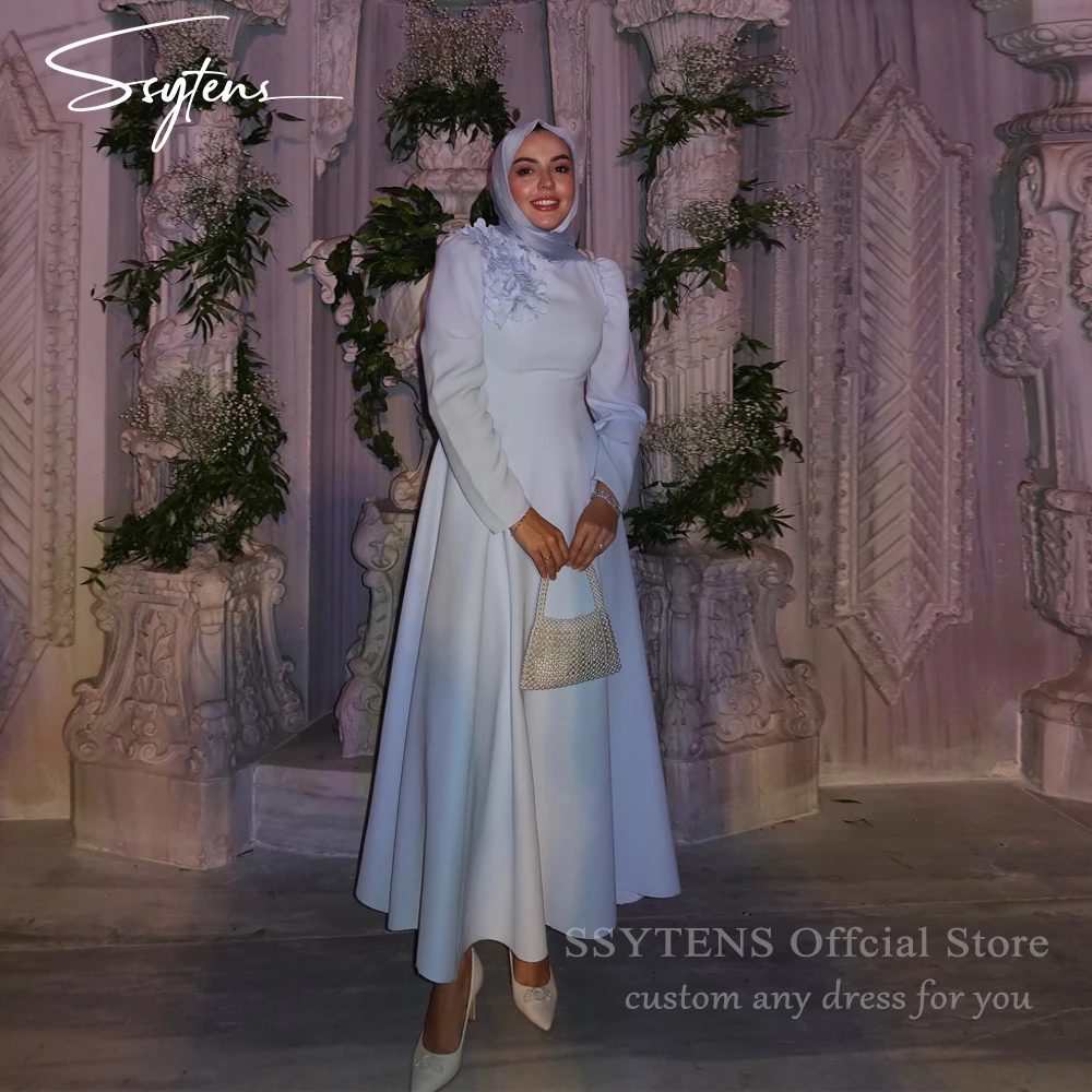 

SSYTENS Modest Blue Satin Evening Dresses Long Sleeves Appliques Ankle Length Abendkleider Dubai Formal Dresses Woman Customized