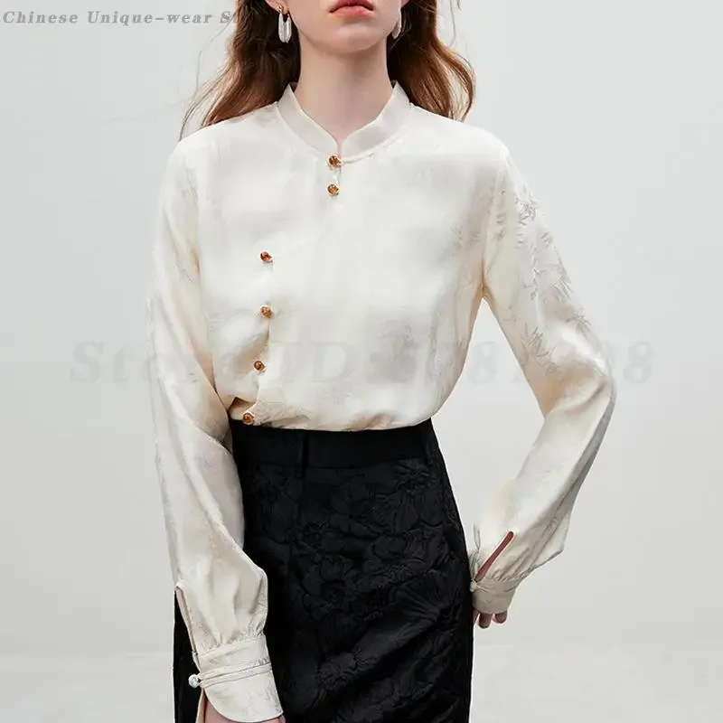 

Women Apricot Jacquard Top Black Skirt New Chinese Style Bamboo Printed Long Sleeve Shirts Vintage Chic Tang Suit Female Blouses