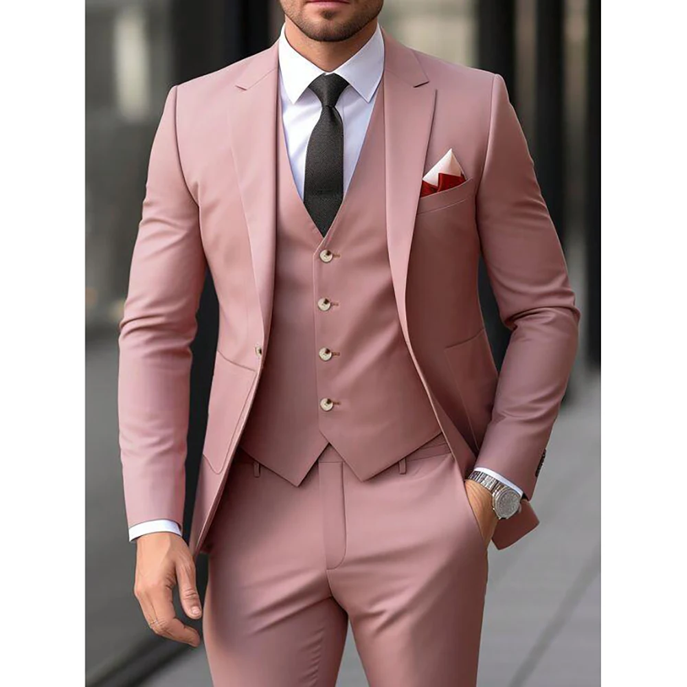 Elegant Pink Men Suit Single-breasted Peak Lapel 3 Pieces(Jacket+Pants+Vest) Male Formal Wedding Party Set