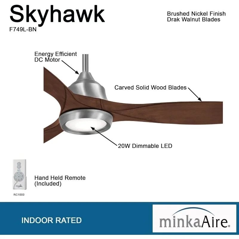 MINKA-AIRE F749L-BN Skyhawk 60 Inch LED Ceiling Fan with Carved Wood Blades, Integrated LED Light and DC Motor