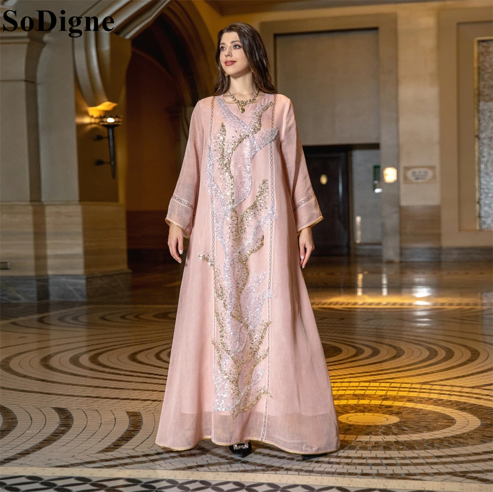 SoDigne Embroidered Muslim Evening Dresses A-Line Sequins O-Neck Jalabiya 2025 Saudi Arabia Elegant Traditional Women Prom Gowns
