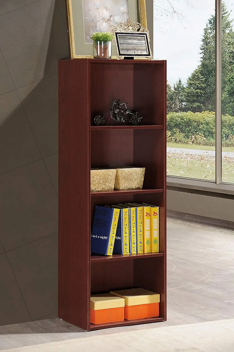 IMPORT 4-Shelf Bookcase Cabinet, Mahogany